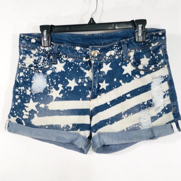 Mariyln Monroe Women's Sz S Distressed Denim Jean Shorts Stars & Stripes Blue - Picture 1 of 4
